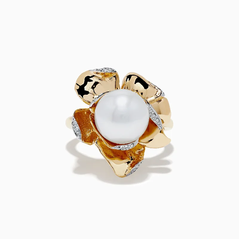 Waterproof Stainless Steel Jewelry For Lasting Beauty Pearl 14K Yellow Gold Pearl and Diamond Flower Ring