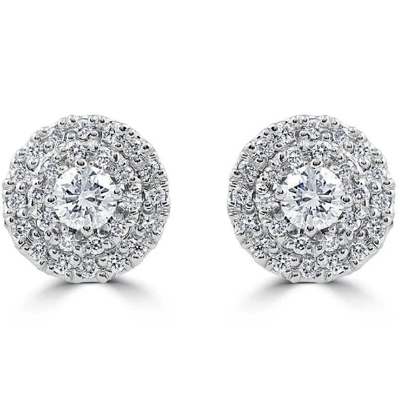Dainty Floral Jewelry For Feminine Elegance .94 cttw Diamond Double Halo Vintage Studs 14k White Gold