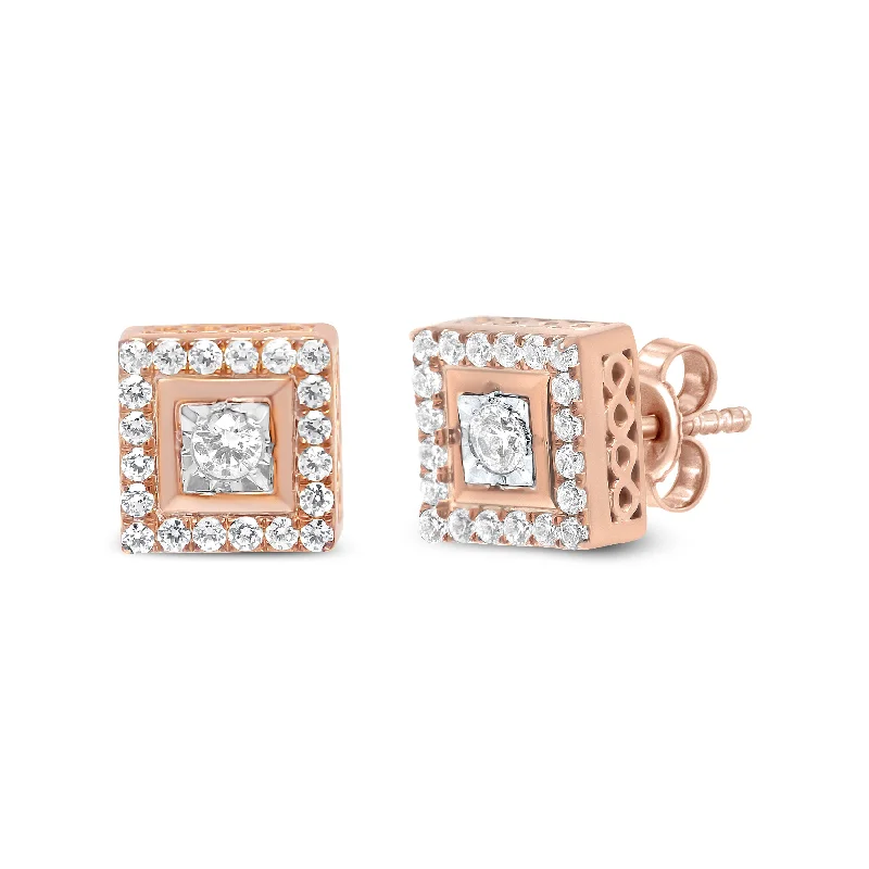 Breathtaking Jewelry At Limited-Time Savings 14K Rose Gold Plated .925 Sterling Silver 1/2 Cttw Diamond Halo Square-Shaped Frame Stud Earring
