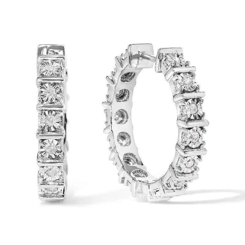 Shop High-Quality Jewelry At Jaw-Dropping Discounts .925 Sterling Silver 1/2 Cttw Diamond Bar and Plate Eternity Hoop Earrings