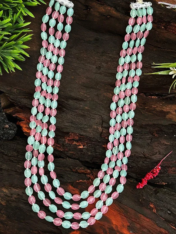 Elegant Jewelry, Exclusive Prices – Shop Now Four Line Turqoise Natural Stone with Baby Pink Oval Stone Mala Necklace set Elegant Jewelry, Exclusive Prices – Shop Now Four Line Turqoise Natural Stone with Baby Pink Oval Stone Mala Necklace set