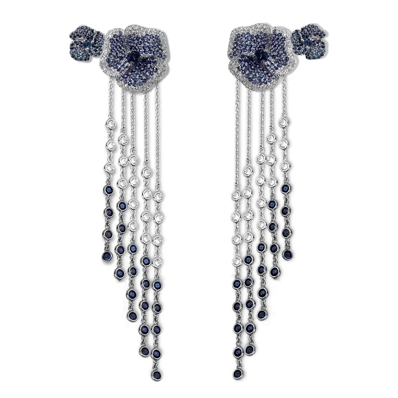 Stunning Statement Jewelry, Unbeatable Discounts Bloom Medium Flower Blue Sapphire Long Earrings in White Gold