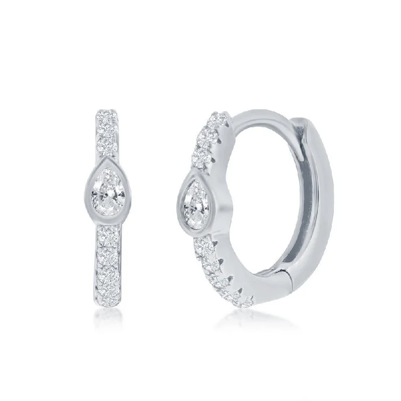 Limited Stock On Premium Jewelry At Low Prices SS 11MM Center Pear Shape CZ Huggie Hoop Earrings