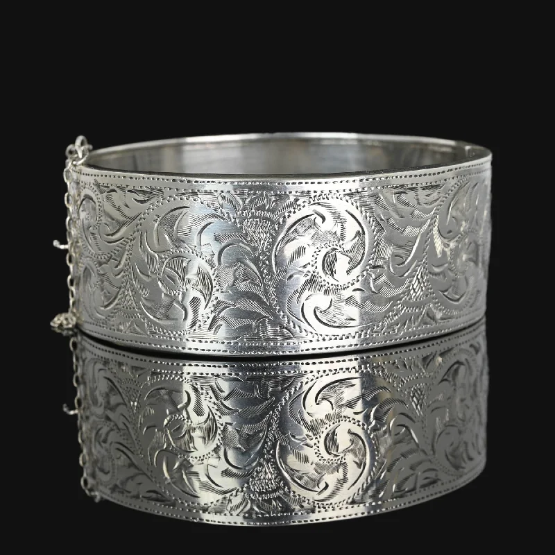 Waterproof Stainless Steel Jewelry For Lasting Beauty Victorian Revival Wide Engraved Silver Bracelet Bangle
