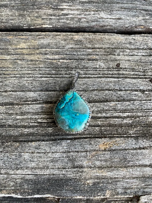 Personalized Jewelry At Special Discount Rates Chrysocolla and Pave Diamond Border Pendant Personalized Jewelry At Special Discount Rates Chrysocolla and Pave Diamond Border Pendant