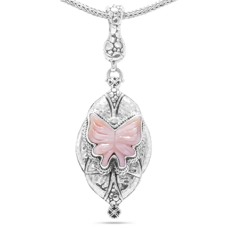 Shop Modern Jewelry Collections With Exclusive Discounts Sterling Silver Watermark & Hammered Pink Mother of Pearl Butterfly Statement Pendant™ With Magnetic Enhancer Bail