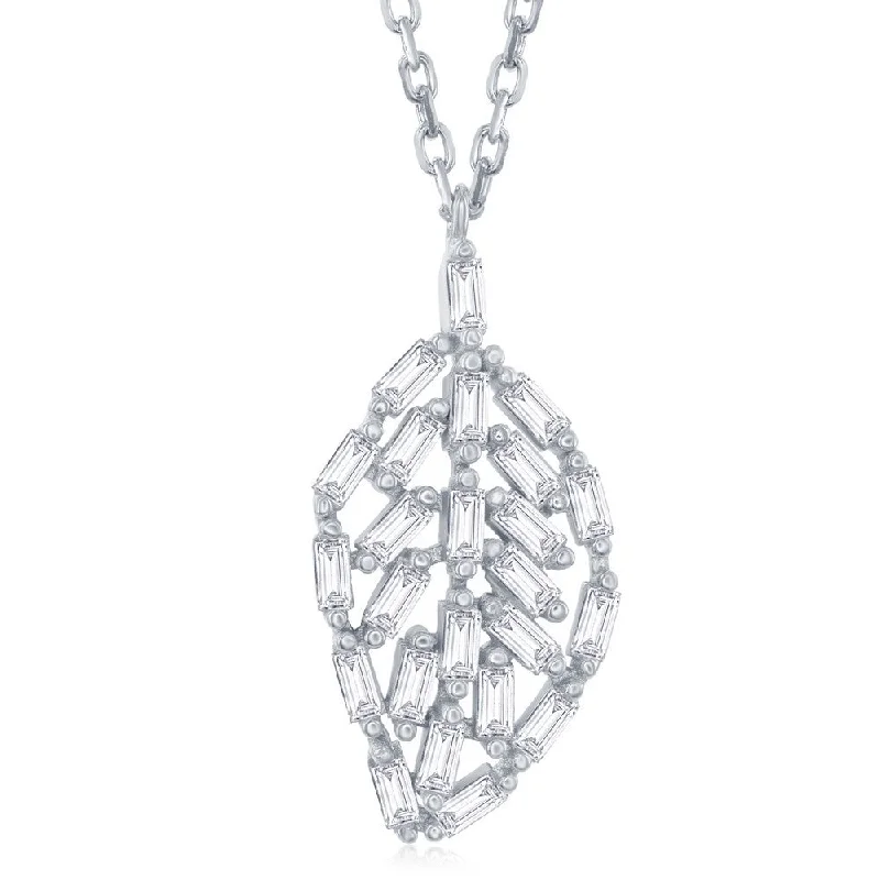 Trending Jewelry Styles Now At Limited-Time Discounts Sterling Silver CZ Baguette Leaf Shaped Necklace 16"